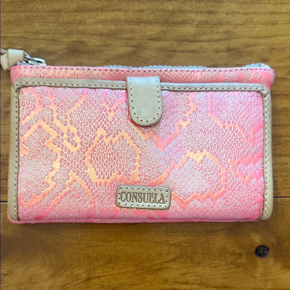 Consuela Pink Snake-Embossed Wallet with Tan Trim